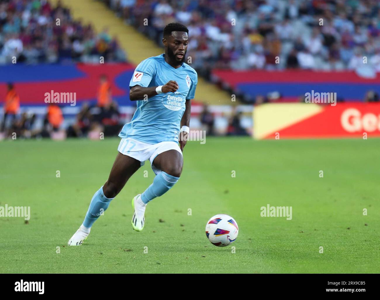 Sabadell, Barcelona, Spain. 23rd Sep, 2023. Barcelona Spain 23.09.2023 Jonathan Bamba (RC Celta) control the ball during the La Liga EA Sports between FC Barcelona and RC Celta at Estadi Olimpic Lluis Companys on 23 September 2023 in Barcelona. (Credit Image: © Xavi Urgeles/ZUMA Press Wire) EDITORIAL USAGE ONLY! Not for Commercial USAGE! Stock Photo