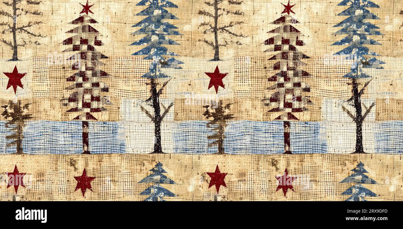 Primitive Tree Ribbons Old-Fashioned christmas tree with primitive hand sewing fabric effect ...