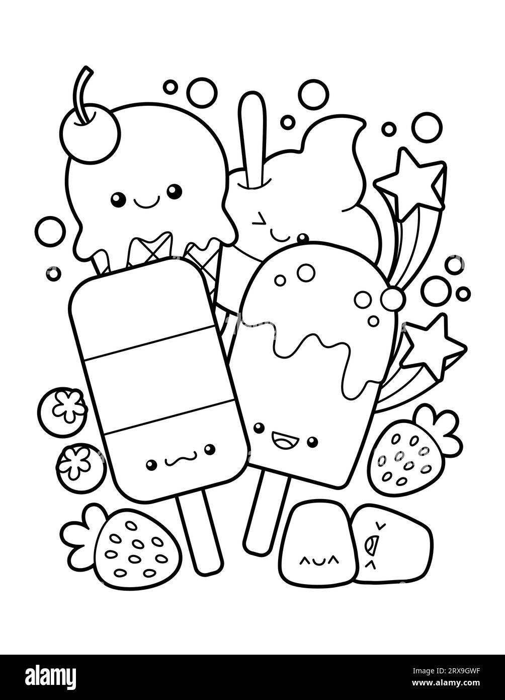 Cute And Kawaii Ice Cream And Dessert Coloring Page Stock Vector Image