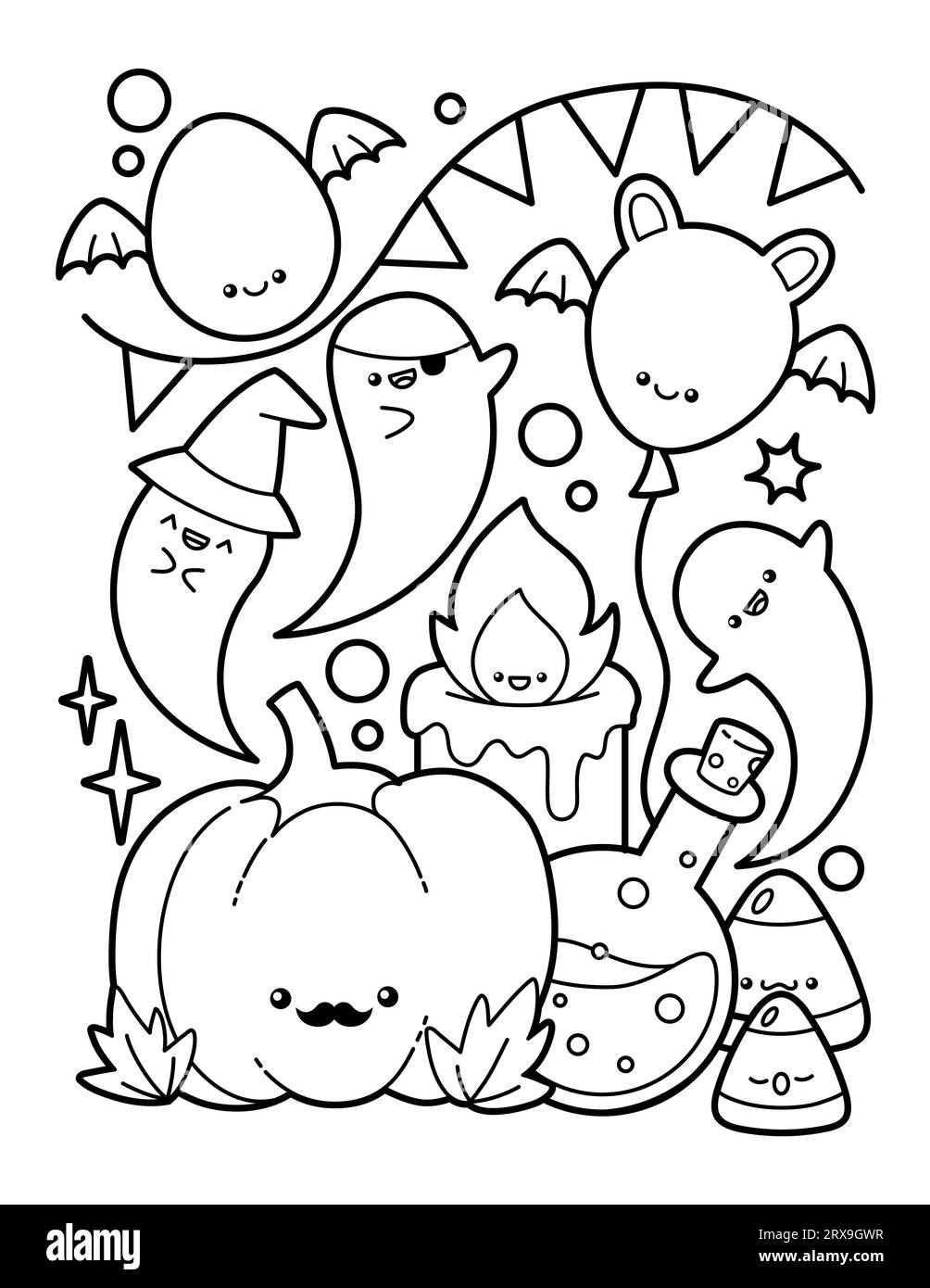 Cute And Kawaii Halloween Coloring Page Stock Vector Image & Art - Alamy