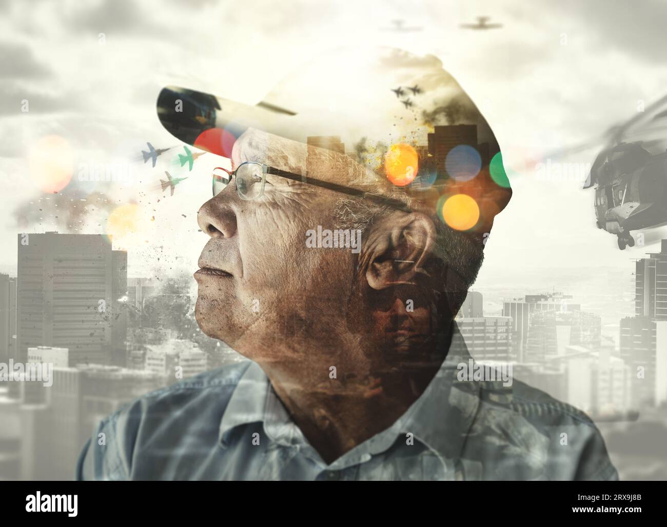 Overlay, bokeh and army man with thinking in city, explosion and warzone for world domination. Military, fighter aircraft and soldier at missile Stock Photo
