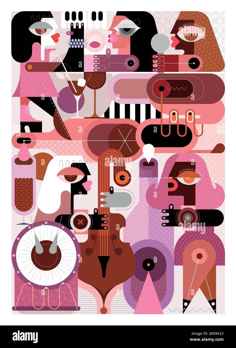 Wine and music conceptual vector illustration. Jazz band concert at a party, where people drink wine and listen to beautiful music. Modern art collage Stock Vector