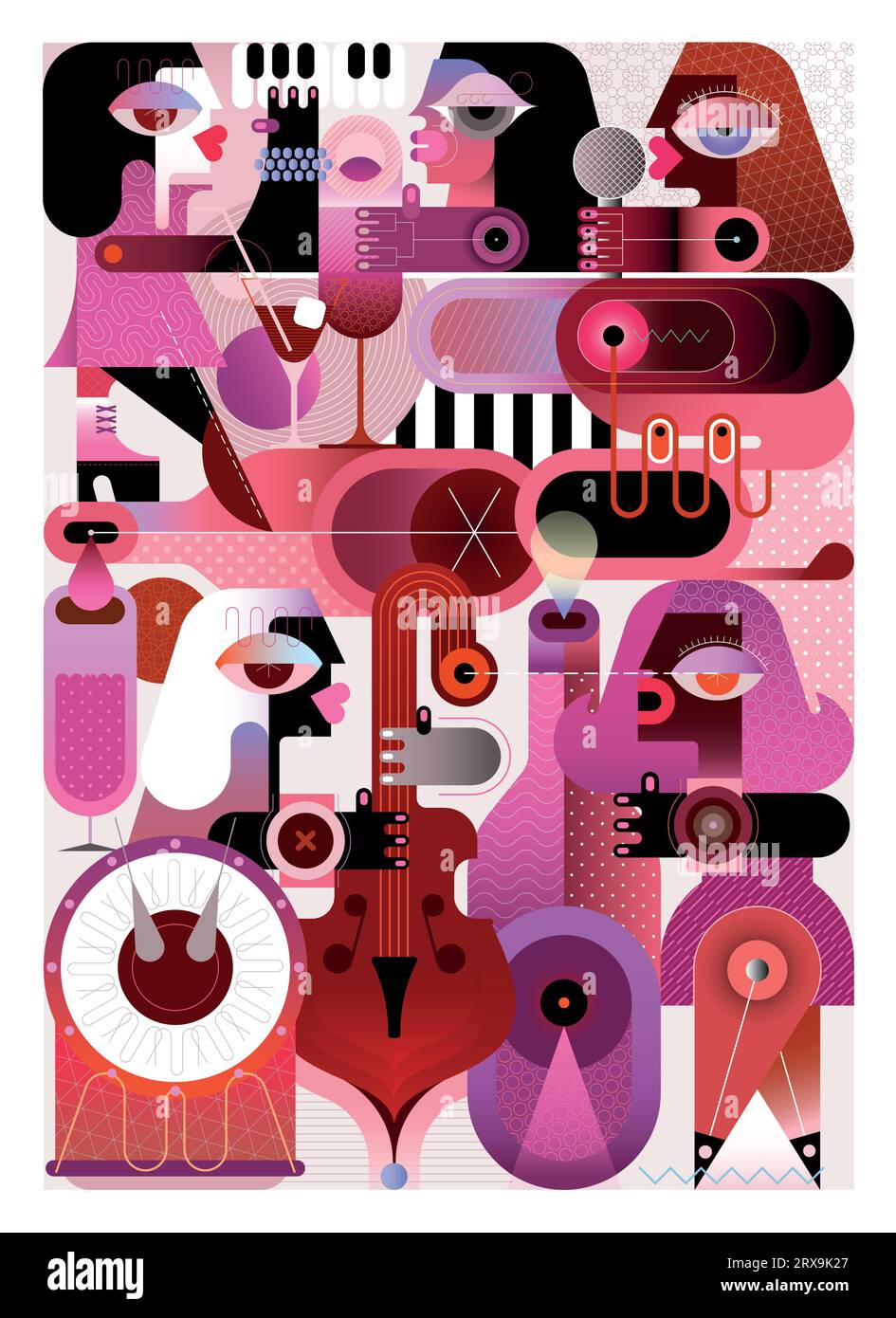 Wine and music conceptual vector illustration. Jazz band concert at a