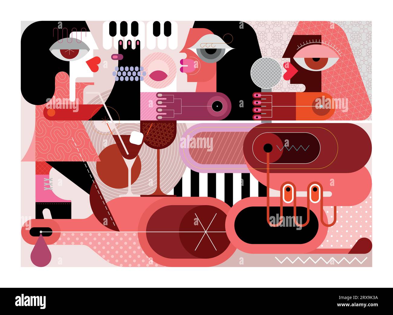 People enjoy drinking good wine and play a music. Jazz band concert at a party. Modern art vector illustration. Stock Vector
