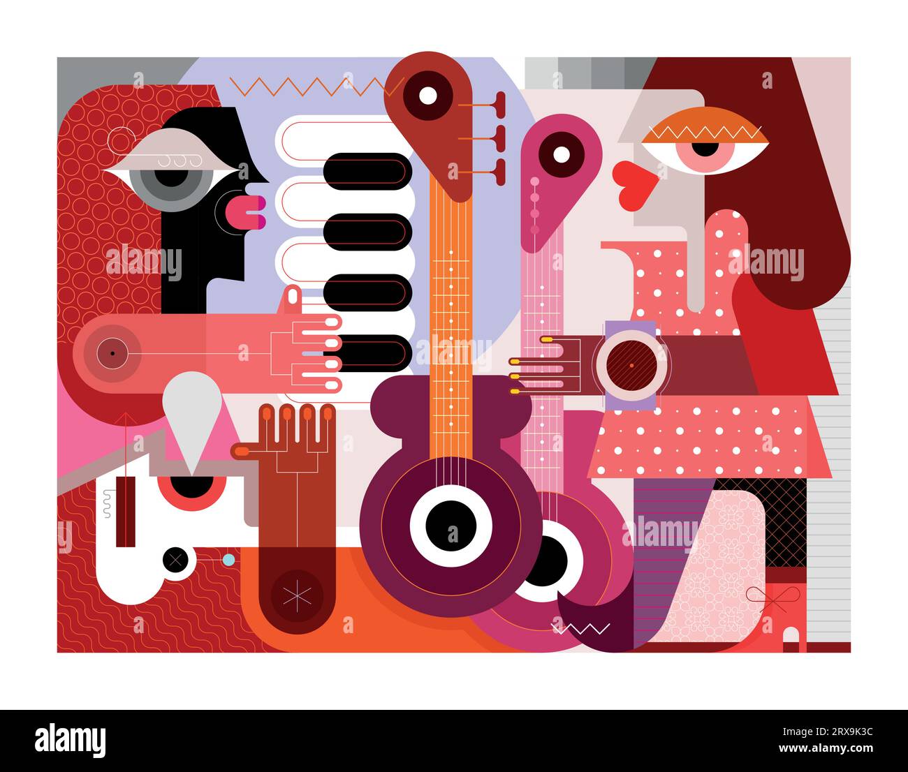 Musical trio performance vector illustration. Female guitar player, piano keyboardist and singer. Three musicians giving a concert . Graphic artwork, Stock Vector