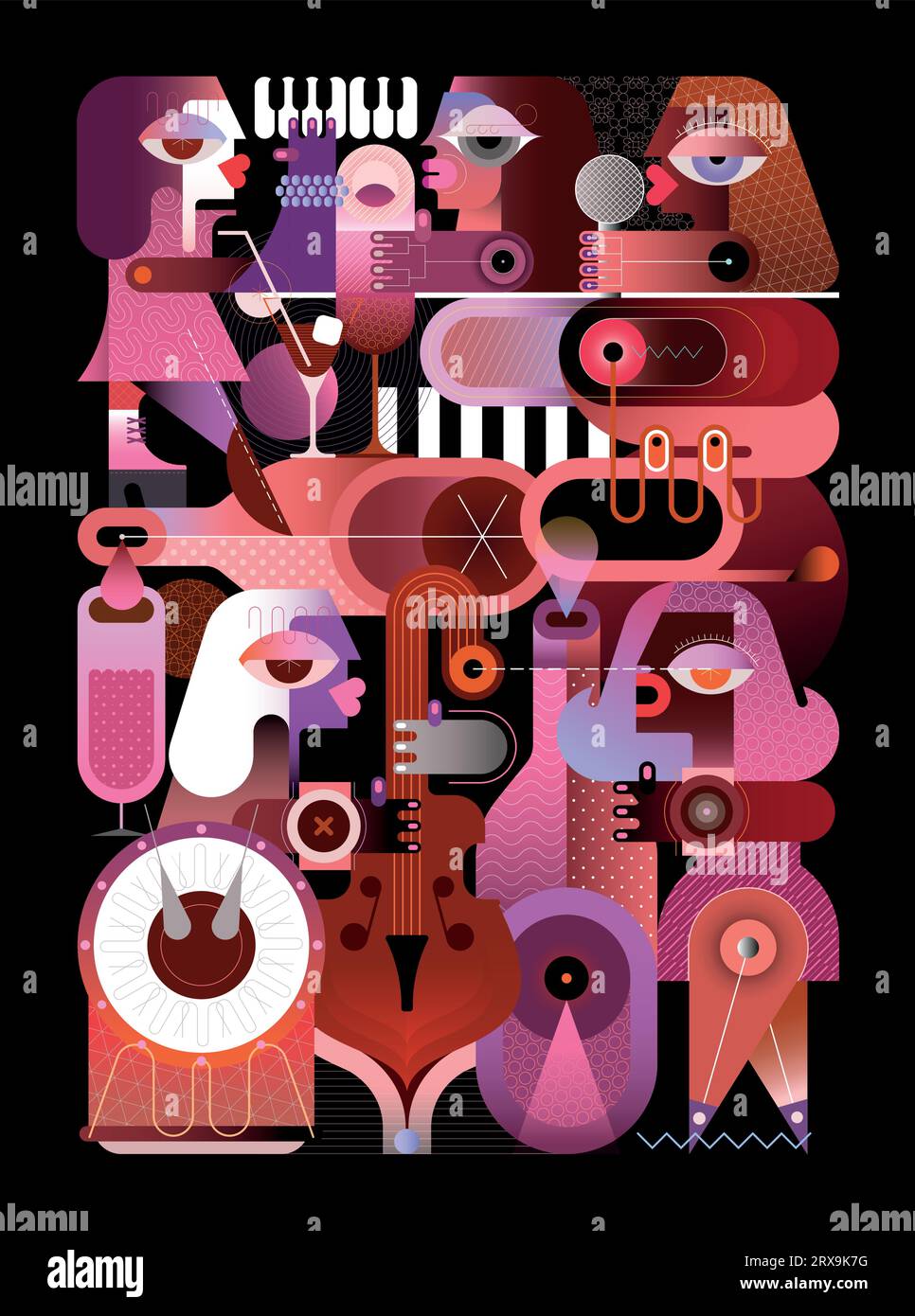 Wine and music conceptual vector illustration. Jazz band concert at a