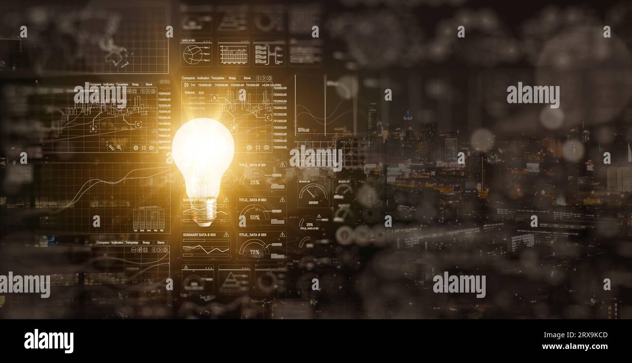 An illuminated or glowing lightbulb on a dark background with data and information analysis. The bulb represents new ideas, innovation, creativity, un Stock Photo