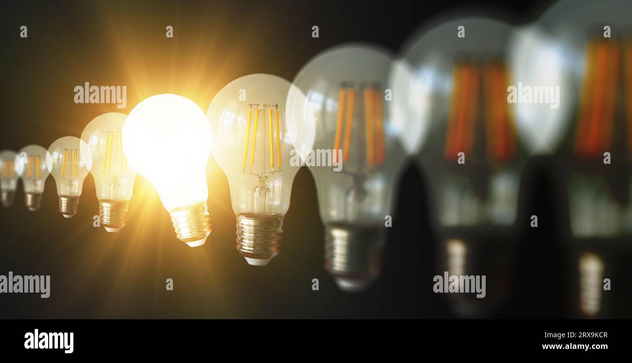 An illuminated or glowing lightbulb among other unlit bulbs on a dark background represents new ideas, innovation, creativity, understanding, knowledg Stock Photo