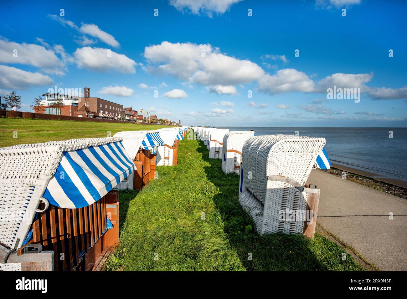 Beach with beach chairs and dike at the south beach in Wilhelmshaven