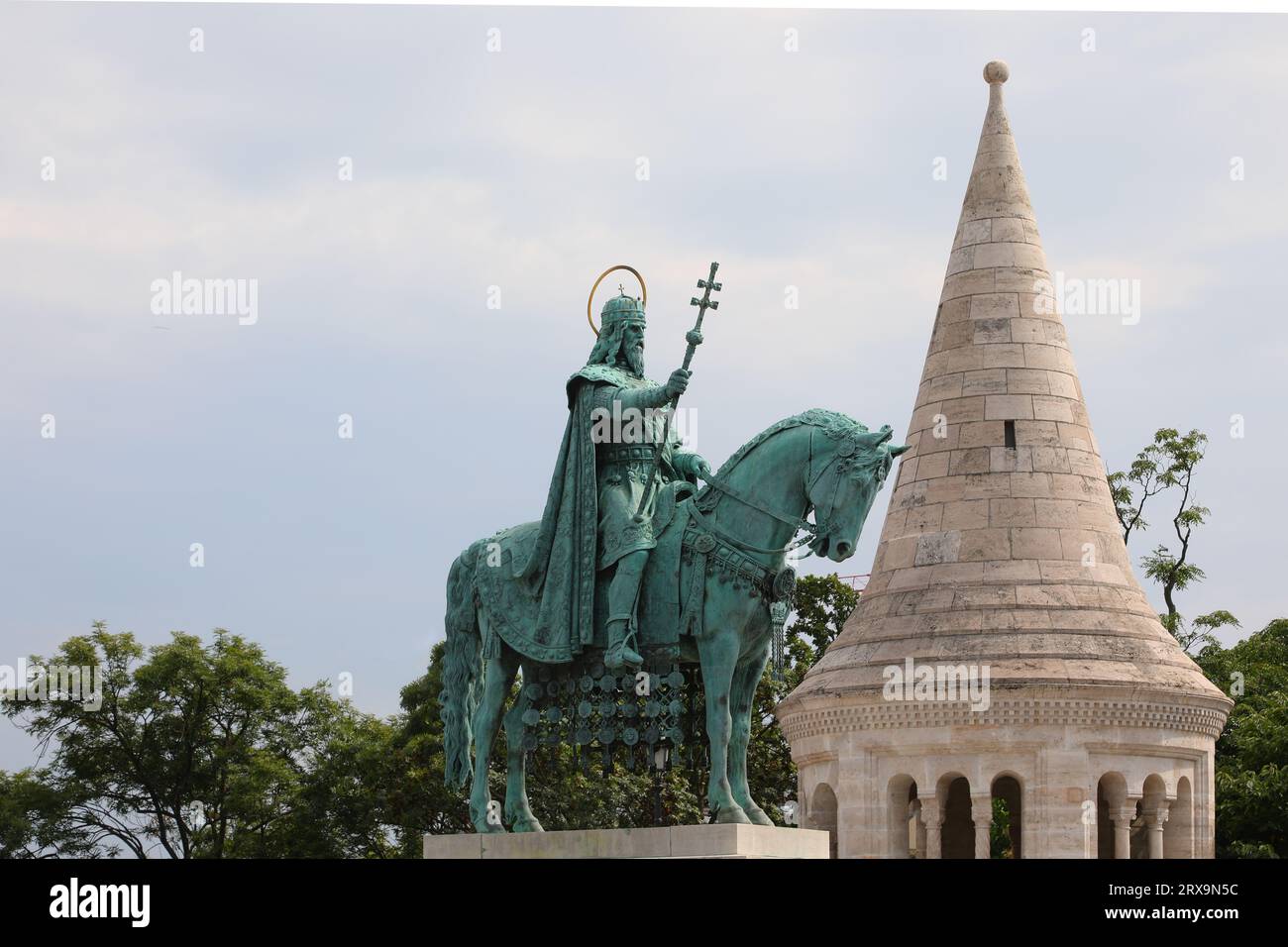 Budapest, B, Hungary - August 18, 2023:horse riding statue of stephen i ...