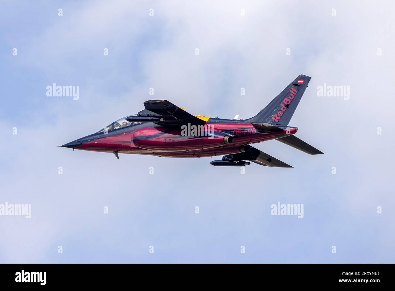 Red Bull (The Flying Bulls) Dassault-Dornier Alpha Jet (REG: OE-FRB) taking off for the first display for MIA 2023. Stock Photo