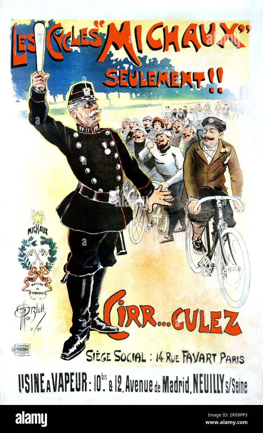 Les Cycles Michaux Seulement! Cirr...culez. Bicycle advertisement poster. Old and vintage. Seine. French poster with police officer. Stock Photo