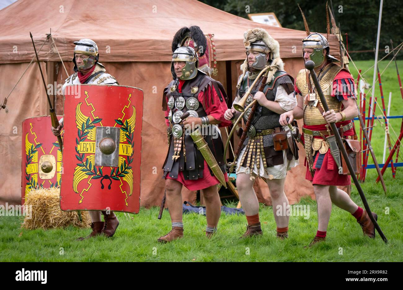 Members of reenactment group Legio VI Victrix Eboracum during Malton Museum's Roman Festival in Malton, North Yorkshire. Picture date: Saturday September 23, 2023. The festival includes live action demonstrations and military encampments that demonstrate the changes in military equipment and Roman life throughout the 400 years of Roman occupation of Britannia. Stock Photo