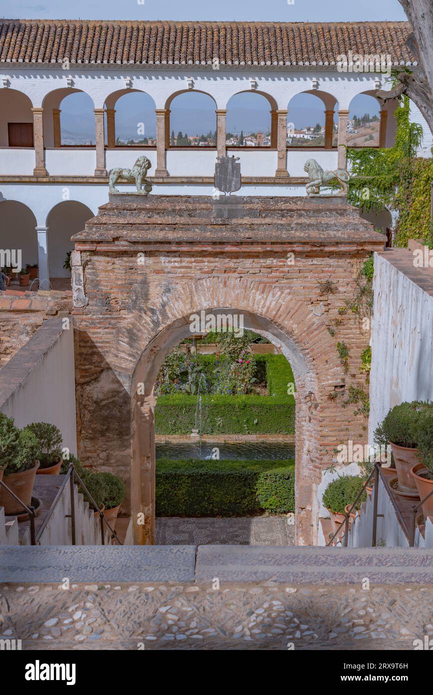 Generalife. Gardens and summer palace of the emirs of Granada from Nasrid dynasty,  Alhambra complex.  UNESCO world heritage. Granada, Spain Stock Photo