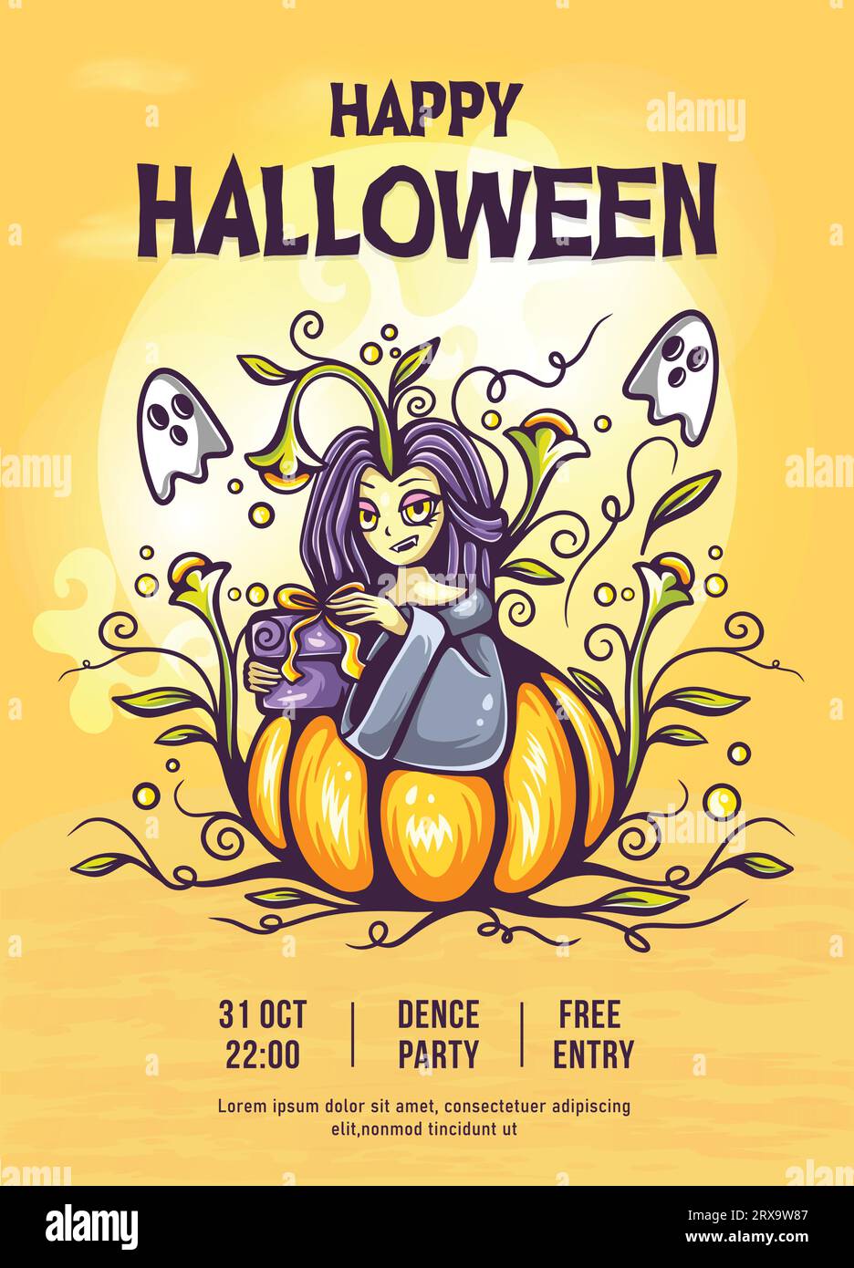 Creative horror halloween flyer template with pumpkin girl illustration Stock Vector
