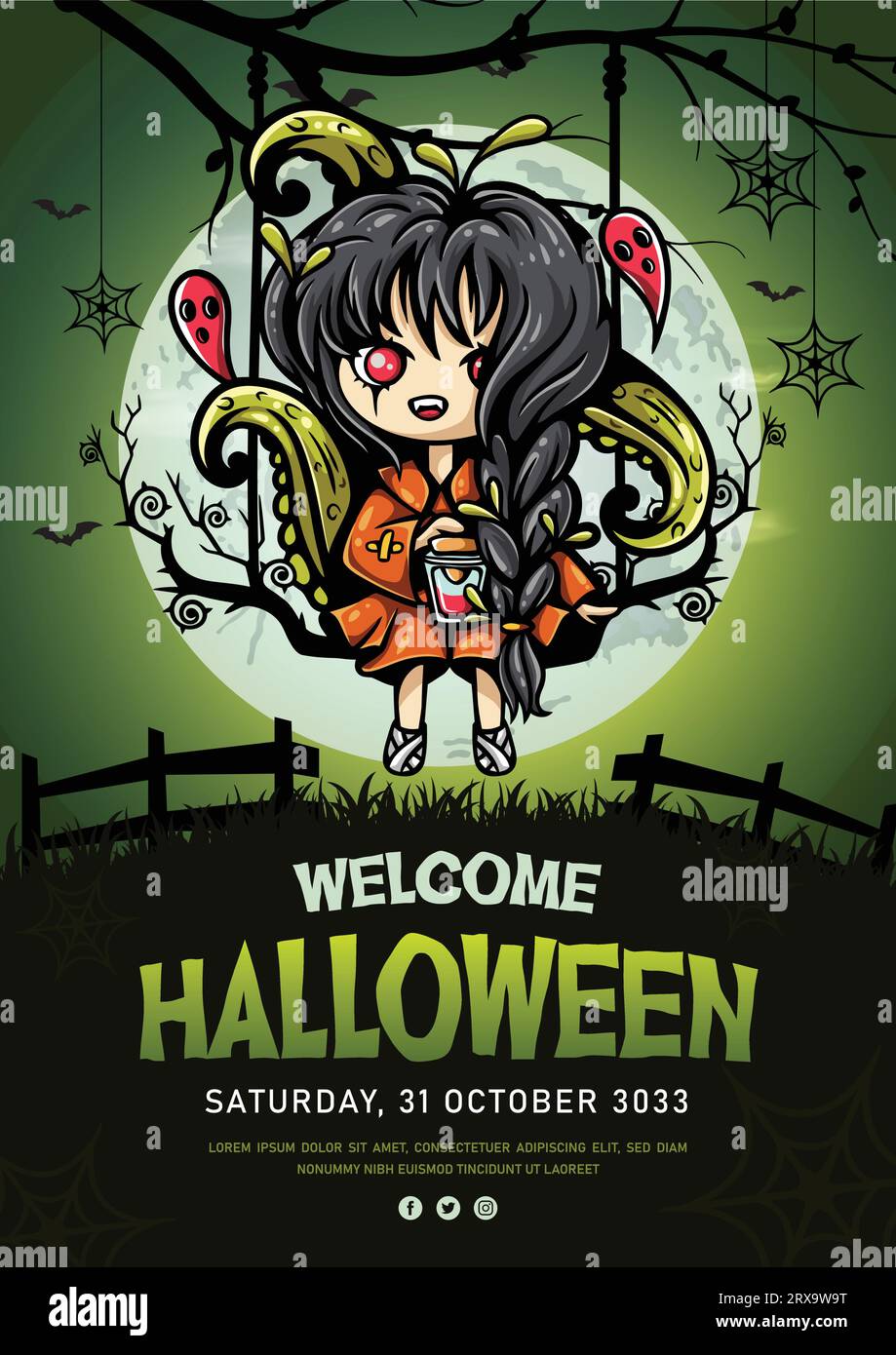 Horror fantasy halloween poster and flyer design with cute ghost girl illustration Stock Vector