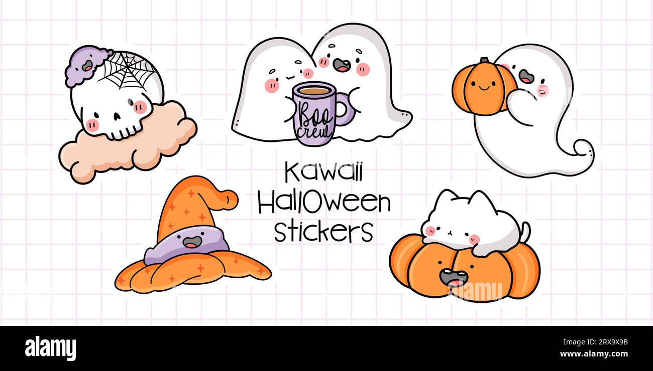 Cute Kawaii Halloween Stickers Pack Vector Illustration Stock Vector