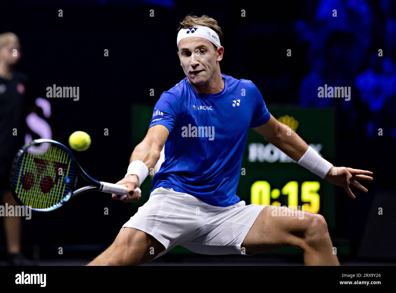 Vancouver, Canada. 23rd Sep, 2023. Casper Rudd of Team Europe returns the ball to Tommy Paul of Team World at the Laver Cup between Team Europe and Team World in Vancouver, Canada, on Sept. 23, 2023. Credit: Andrew Soong/Xinhua/Alamy Live News Stock Photo