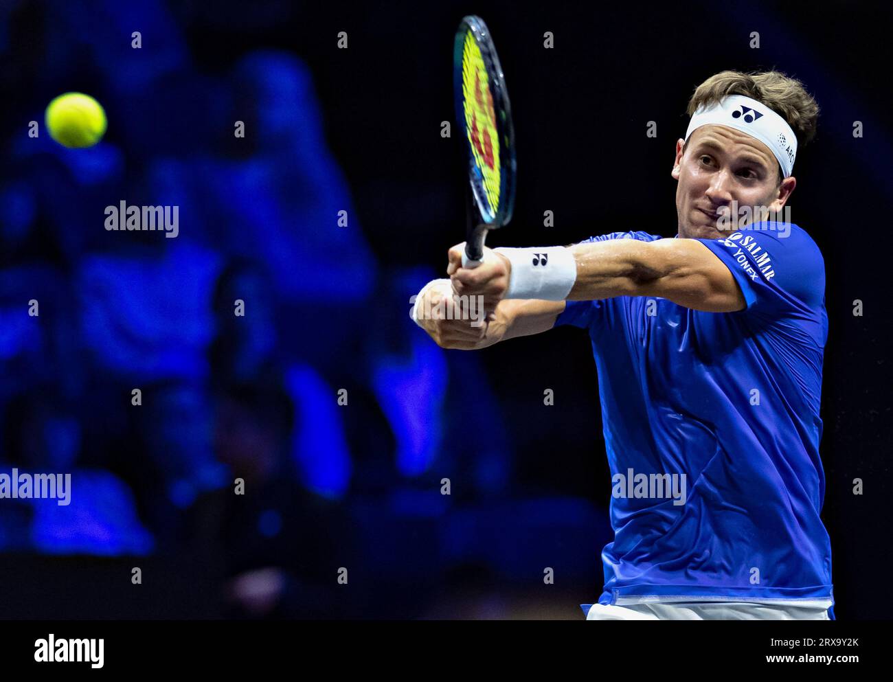 Vancouver, Canada. 23rd Sep, 2023. Casper Rudd of Team Europe returns the ball to Tommy Paul of Team World at the Laver Cup between Team Europe and Team World in Vancouver, Canada, on Sept. 23, 2023. Credit: Andrew Soong/Xinhua/Alamy Live News Stock Photo