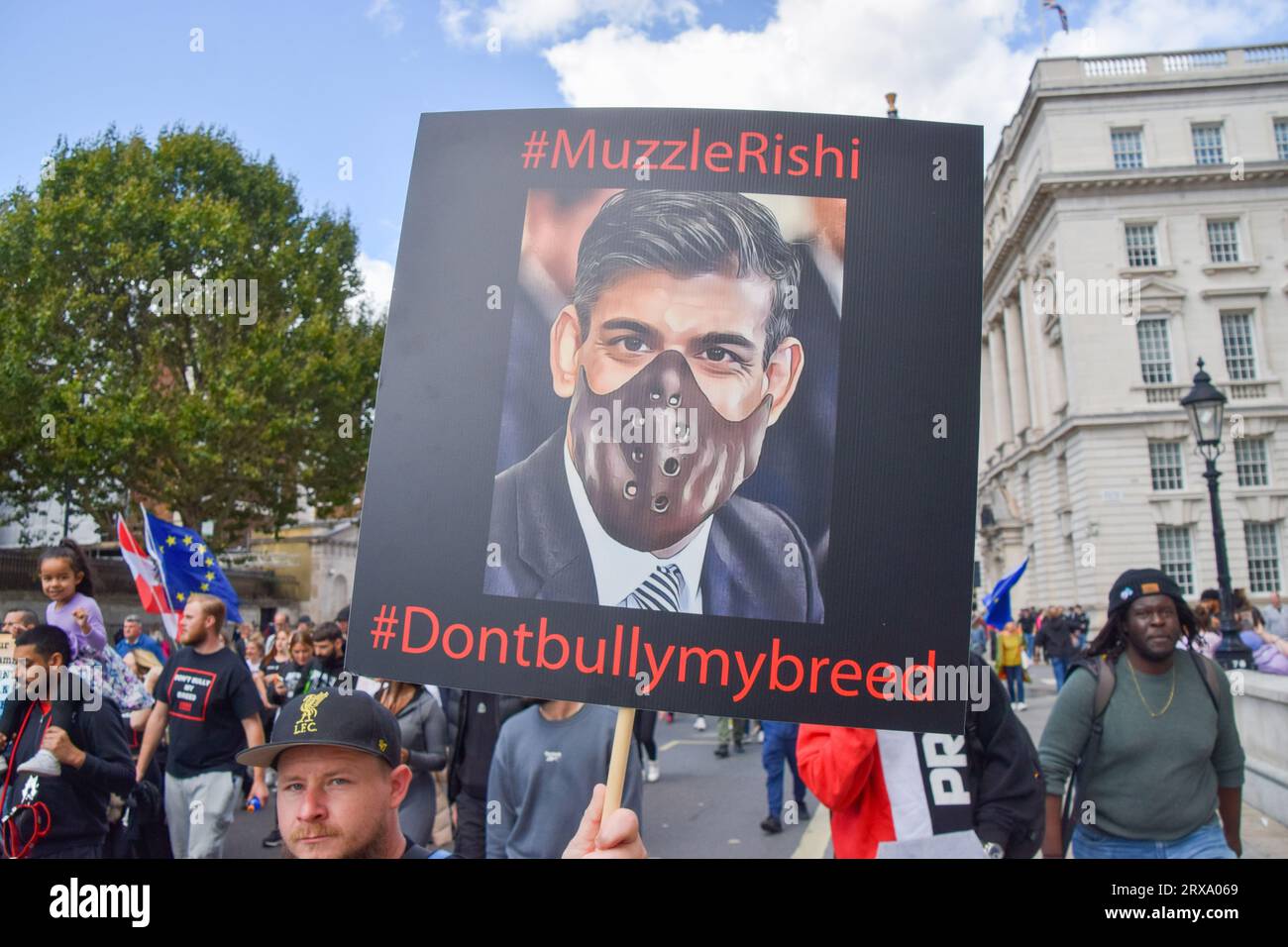 London, England, UK. 23rd Sep, 2023. Protesters make their feelings known about Rishi Sunak. Dog owners and supporters marched in Westminster in protest against the American Bully XL ban. The breed of dog is set to be banned in the UK following a series of attacks on people. (Credit Image: © Vuk Valcic/ZUMA Press Wire) EDITORIAL USAGE ONLY! Not for Commercial USAGE! Stock Photo