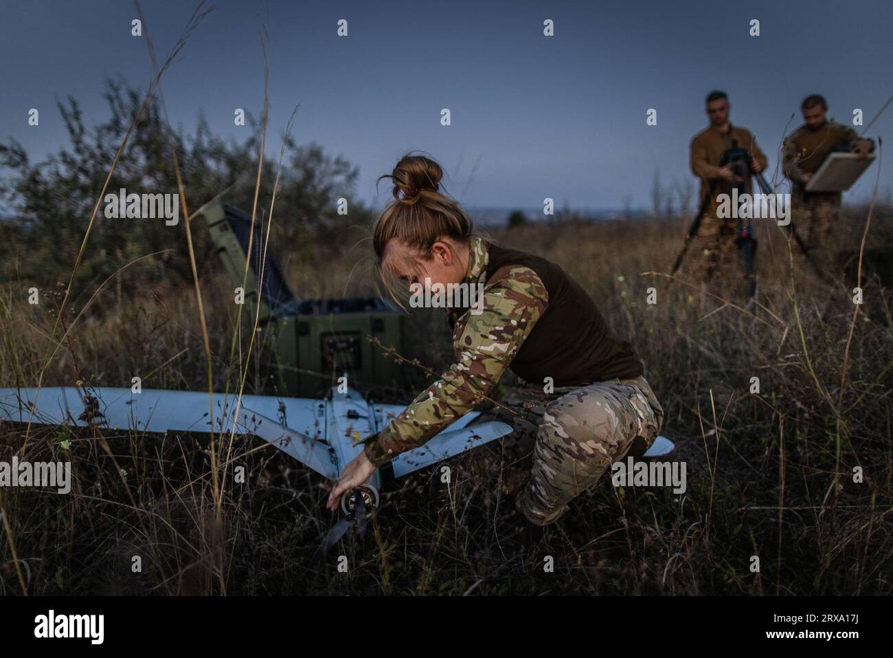 Kramatorsk, Ukraine. 21st Sep, 2023. A Ukrainian soldier assembles a Leleka drone before an exercise. The drone can fly for up to an hour and a half, covering more than 80 kilometers. Its electric motors are quiet, and yet Russian units can technically spot the aircraft as soon as it takes off. Many drones are shot down, soldiers say. After 100 flights, the small aircraft must be overhauled. Credit: Oliver Weiken/dpa/Alamy Live News Stock Photo
