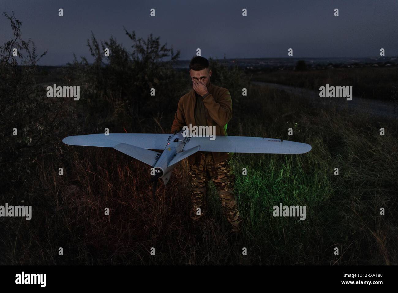 Kramatorsk, Ukraine. 21st Sep, 2023. A Ukrainian soldier checks a Leleka drone before an exercise. The drone can fly for up to an hour and a half, covering more than 80 kilometers. Its electric motors are quiet, and yet Russian units can technically spot the aircraft as soon as it takes off. Many drones are shot down, soldiers say. After 100 flights, the small aircraft must be overhauled. Credit: Oliver Weiken/dpa/Alamy Live News Stock Photo