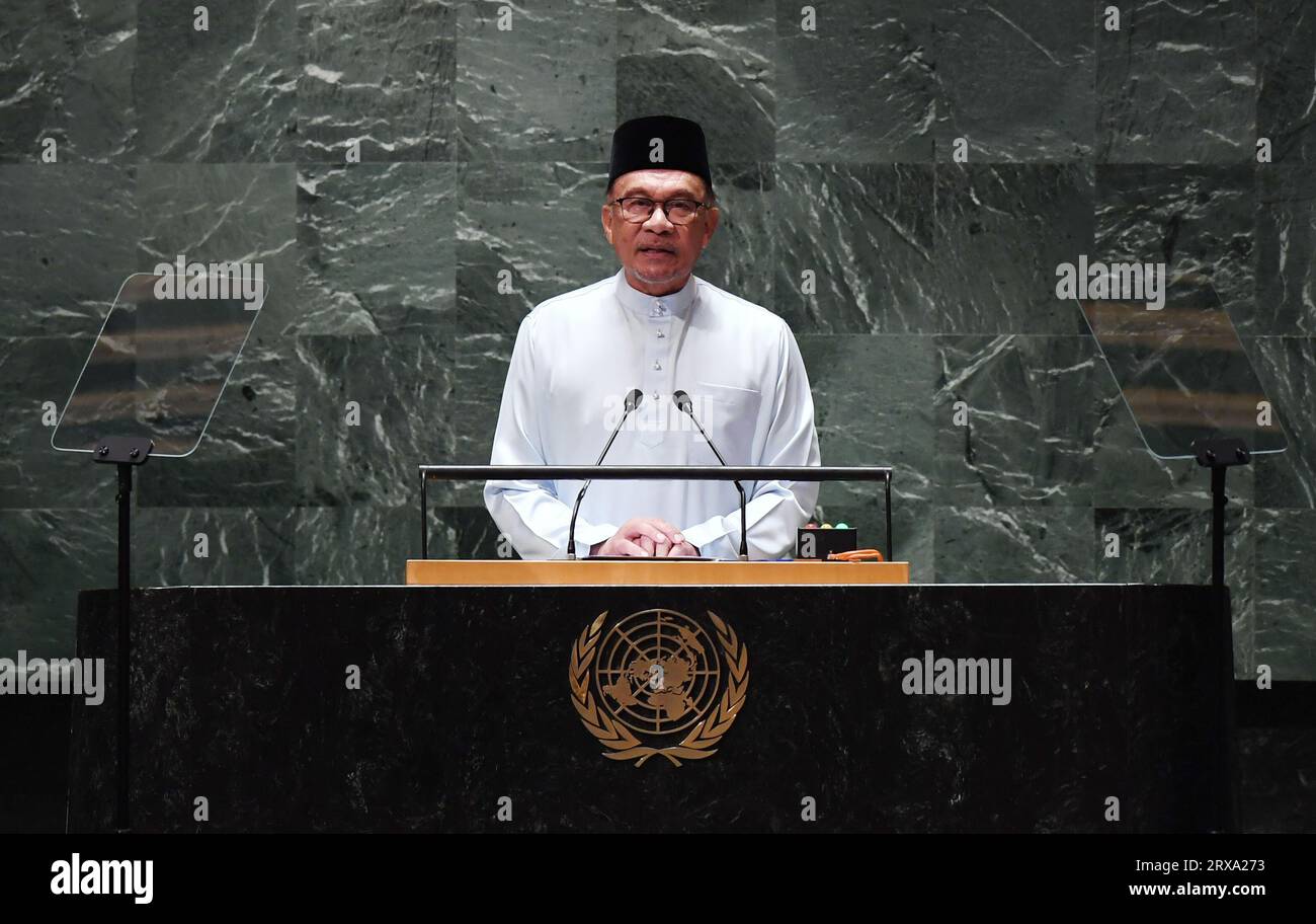 United Nations. 22nd Sep, 2023. Malaysian Prime Minister Anwar Ibrahim delivers a speech at the General Debate of the 78th session of the UN General Assembly at the UN headquarters in New York, on Sept. 22, 2023. Credit: Li Rui/Xinhua/Alamy Live News Stock Photo