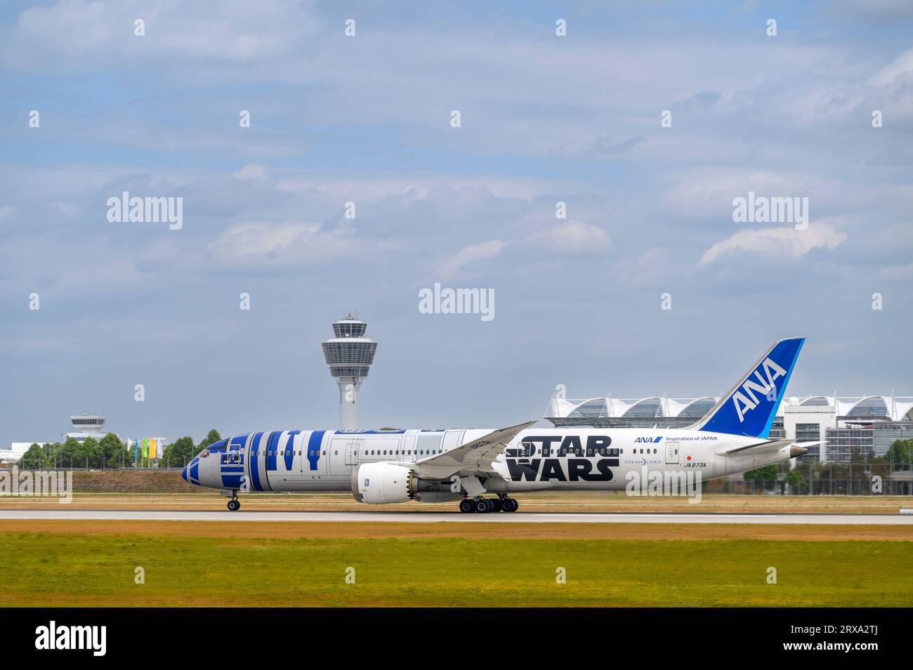 Munich, Germany - July 03. 2023 : All Nippon Airways Boeing 787-9 Dreamliner with the aircraft registration JA873A is starting on the southern runway Stock Photo