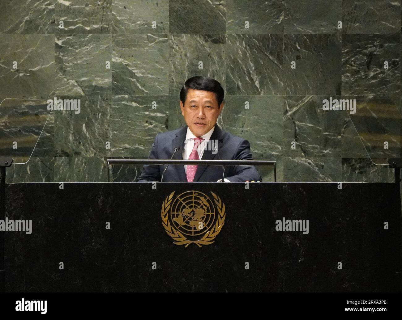 United Nations. 23rd Sep, 2023. Laotian Deputy Prime Minister and Foreign Minister Saleumxay Kommasith delivers a speech at the General Debate of the 78th session of the UN General Assembly at the UN headquarters in New York, on Sept. 23, 2023. Saleumxay Kommasith on Saturday called for collective actions to tackle global challenges, warning against unilateralism. Credit: Wu Xiaoling/Xinhua/Alamy Live News Stock Photo
