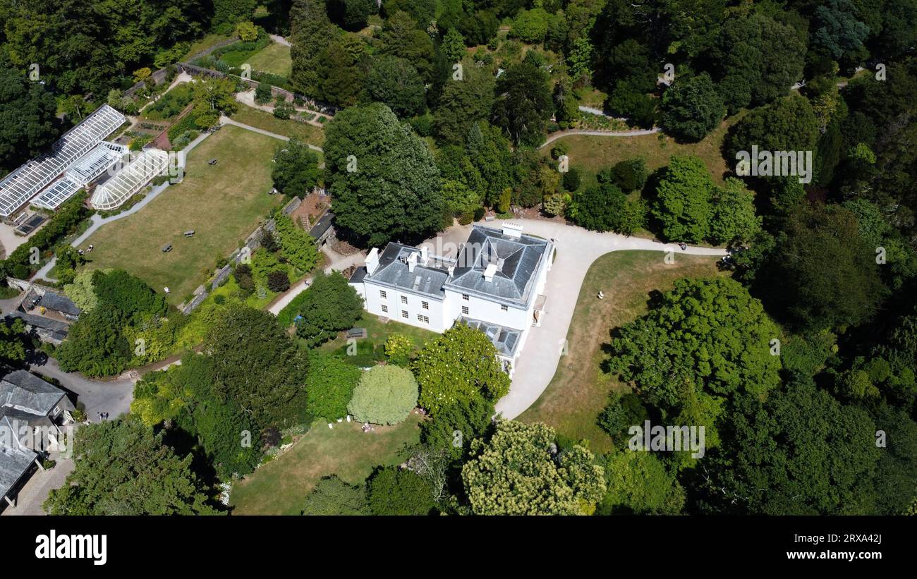 Greenway House, River Dart, Devon, England: DRONE VIEW: Greenway House was previously owned by the famous crime writer, Agatha Christie. Stock Photo