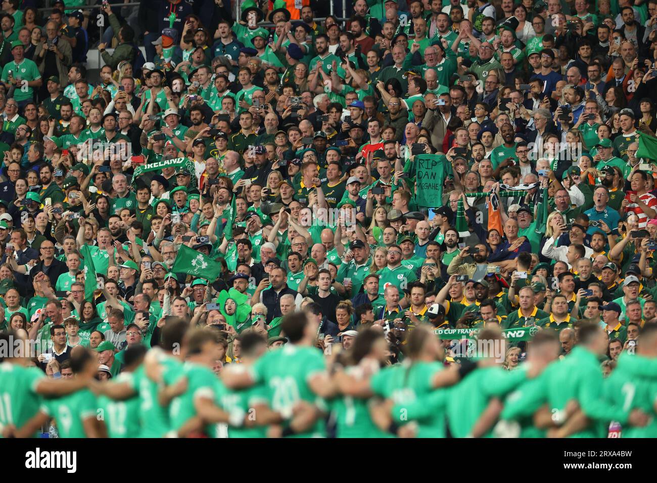Ireland's Fans during the 2023 Rugby World Cup Pool B match between South Africa and Ireland at the Stade de France in Saint-Denis, outside Paris, Saturday, Sept. 23, 2023. Credit: Aki Nagao/AFLO/Alamy Live News Stock Photo