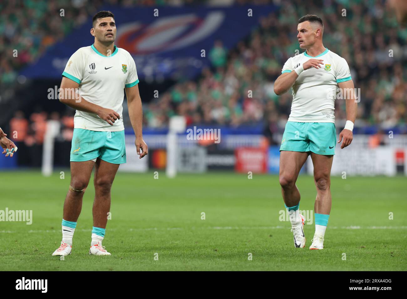 South Africa's Damian de Allende(L) Jesse Kriel during the 2023 Rugby World Cup Pool B match between South Africa and Ireland at the Stade de France in Saint-Denis, outside Paris, Saturday, Sept. 23, 2023. Credit: Aki Nagao/AFLO/Alamy Live News Stock Photo