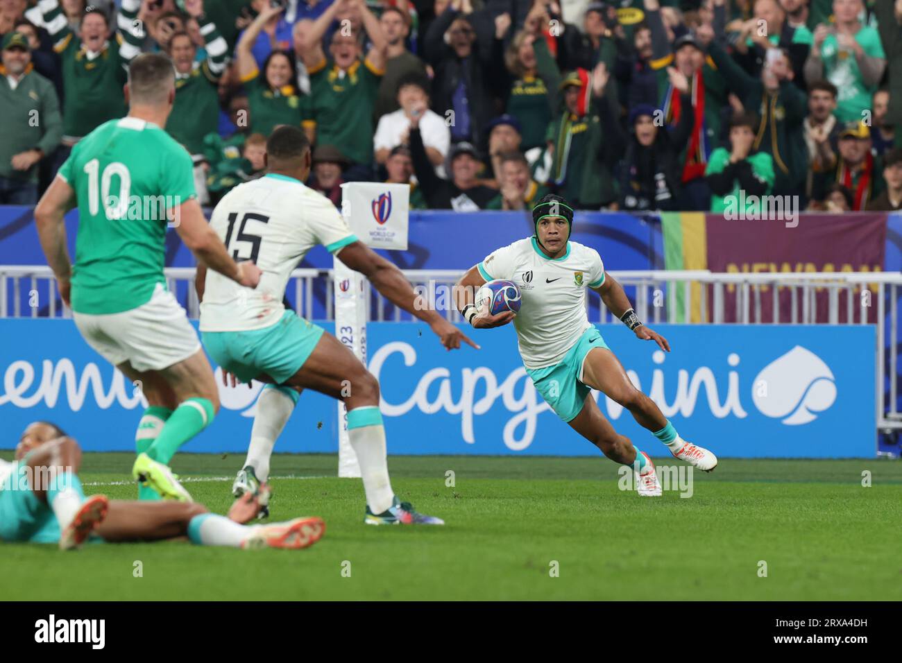 South Africa's Cheslin Kolbe during the 2023 Rugby World Cup Pool B match between South Africa and Ireland at the Stade de France in Saint-Denis, outside Paris, Saturday, Sept. 23, 2023. Credit: Aki Nagao/AFLO/Alamy Live News Stock Photo