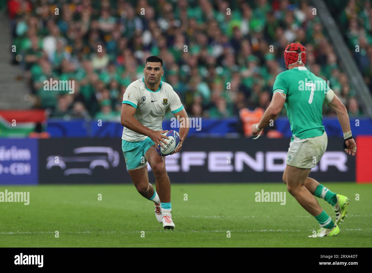 South Africa's Damian de Allende during the 2023 Rugby World Cup Pool B match between South Africa and Ireland at the Stade de France in Saint-Denis, outside Paris, Saturday, Sept. 23, 2023. Credit: Aki Nagao/AFLO/Alamy Live News Stock Photo