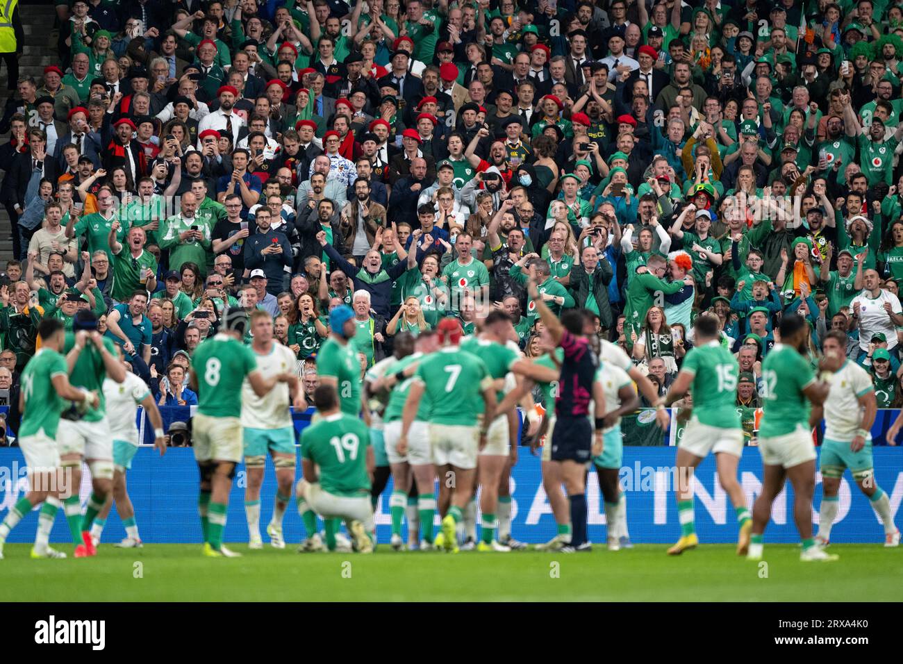 Ireland Fans during the 2023 Rugby World Cup Pool B match between South Africa and Ireland at the Stade de France in Saint-Denis, France on September 23, 2023. Credit: Yuka Shiga/AFLO/Alamy Live News Stock Photo