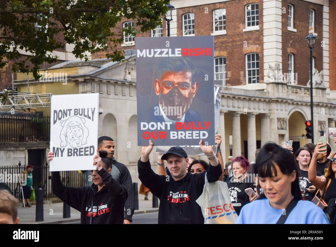 London, UK. 23rd September 2023. Dog owners and supporters marched in Westminster in protest against the American Bully XL ban. The breed of dog is set to be banned in the UK following a series of attacks on people. Credit: Vuk Valcic/Alamy Live News Stock Photo