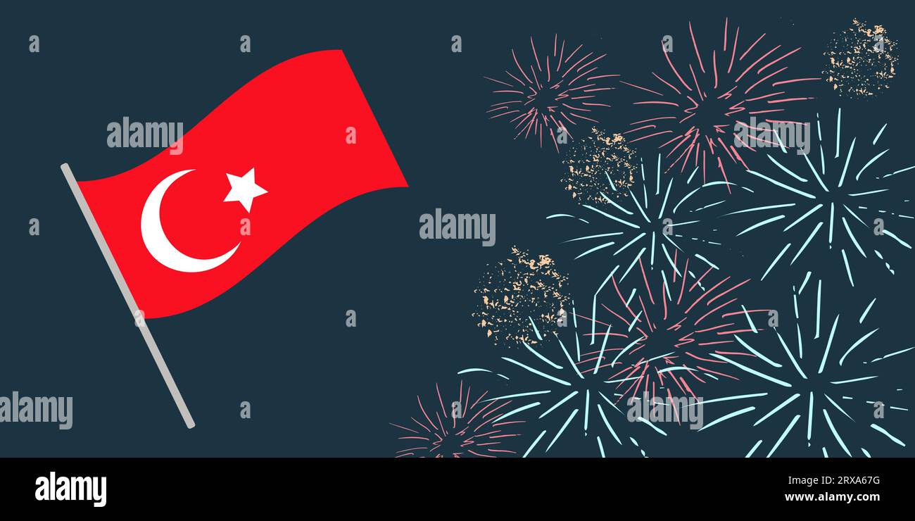 Republic day turkey October 29 National Day. 29 Ekim Cumhuriyet Bayrami. Dark background with fireworks. Concept holiday. Banner template, poster, web design. Vector flat illustration... Stock Vector