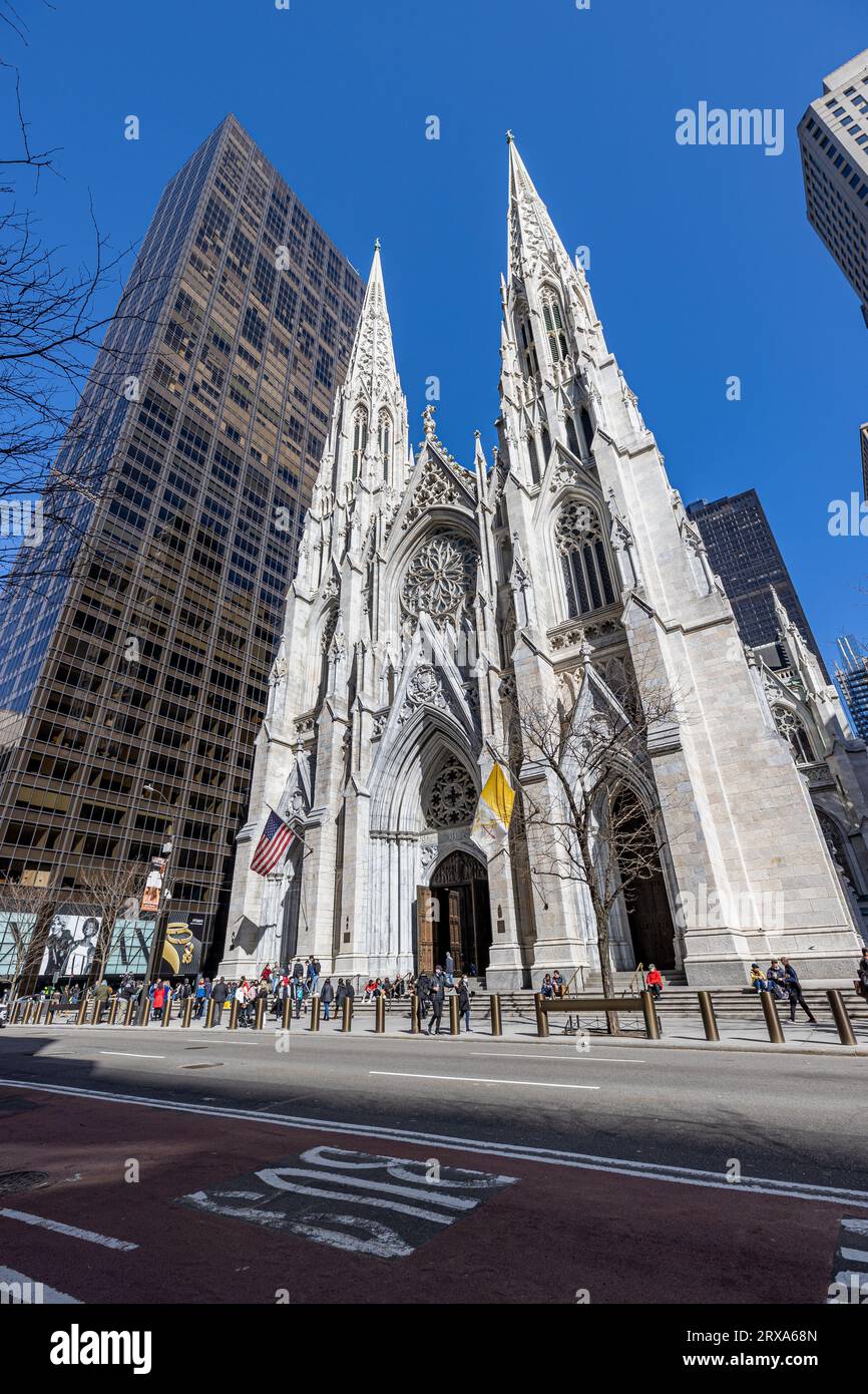 USA, New York, New York City, Midtown Manhattan, St. Patrick's Cathedral, View from the Fifth Avenue Stock Photo