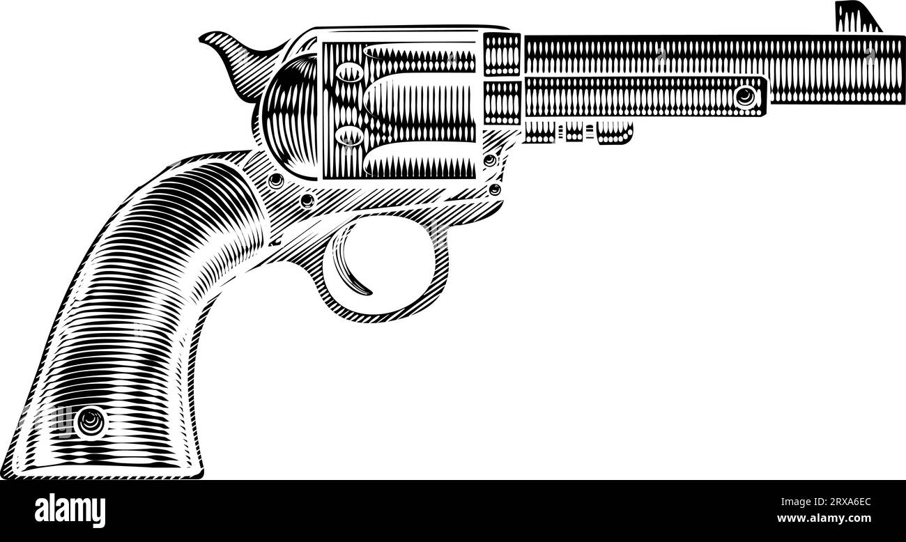 Western Cowboy Gun Pistol Revolver Woodcut Style Stock Vector