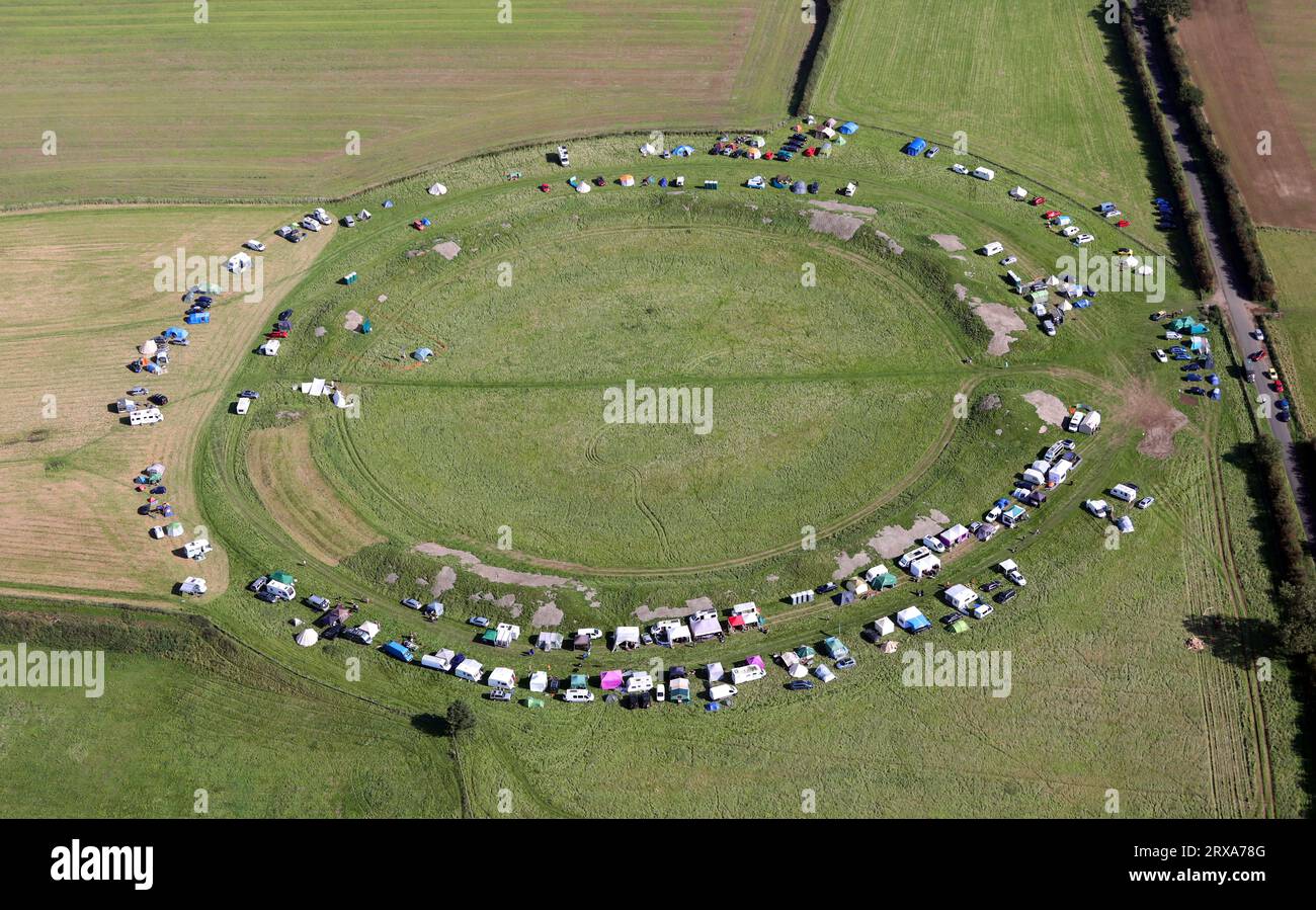 Aerial view of the Thornborough Henges on the 23rd Sept 2023, the solar equinox or Autumn Solstice, North Yorkshire. People camped out to see it. Stock Photo