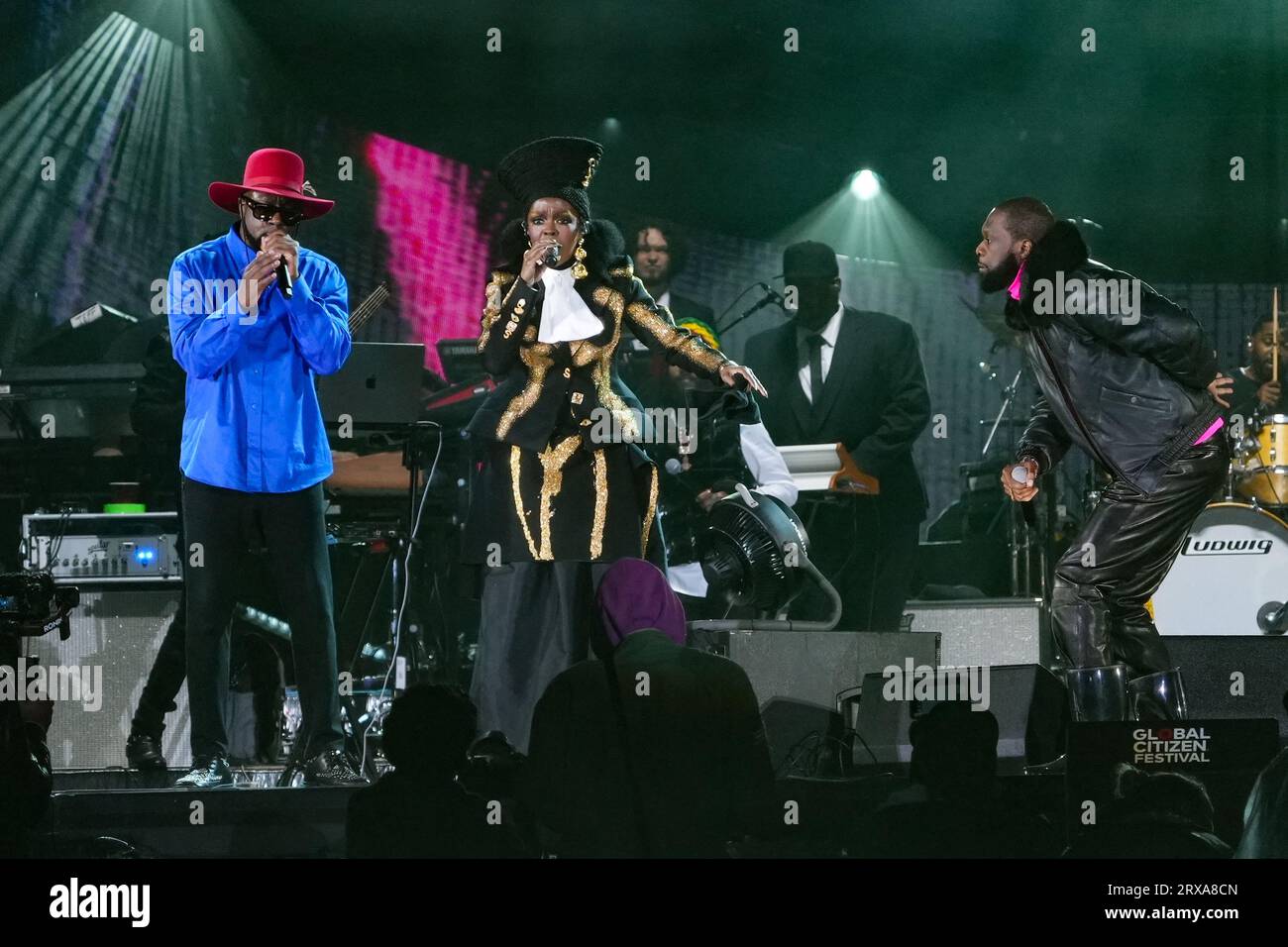 New York, United States. 23rd Sep, 2023. Lauryn Hill, Pras Michél and Wyclef Jean, of the Fugees, perform at Global Citizen Live in Central Park in New York City on Saturday, September 23, 2023. Global Citizen Live is a 24-hour global event to unite the world to defend the planet and defeat poverty. Photo by John Nacion/UPI Credit: UPI/Alamy Live News Stock Photo