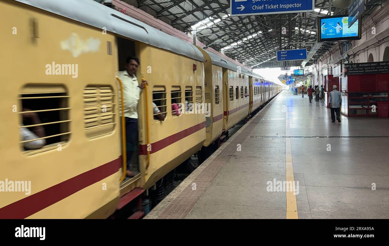 Scenes of trains coming and exteriors of bangalore cantonment railway station Stock Photo