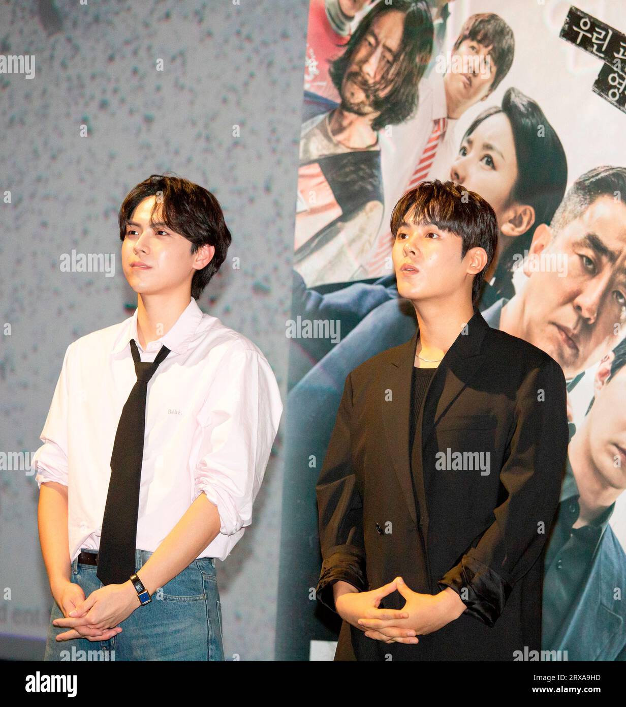 Kim Do-Hoon (L) and Lee Jung-Ha, September 20, 2023 : Cast members of the Disney  original drama series 'Moving', Kim Do-Hoon and Lee Jung-Ha attend a stage greeting before the last three episodes of the drama are screened for fans at a cinema in Seoul, South Korea. The sci-fi action series 'Moving' features a group of superpowered individuals who hide their true abilities from the world in order to protect their families from danger. The 20-episode series is based on a hit webtoon by Kang Full. Credit: Lee Jae-Won/AFLO/Alamy Live News Stock Photo