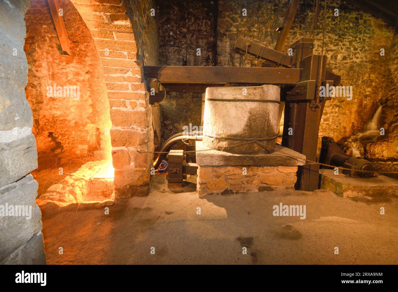 Panoramic view of the hearth and bellows of the El Pobal ironworks Stock Photo