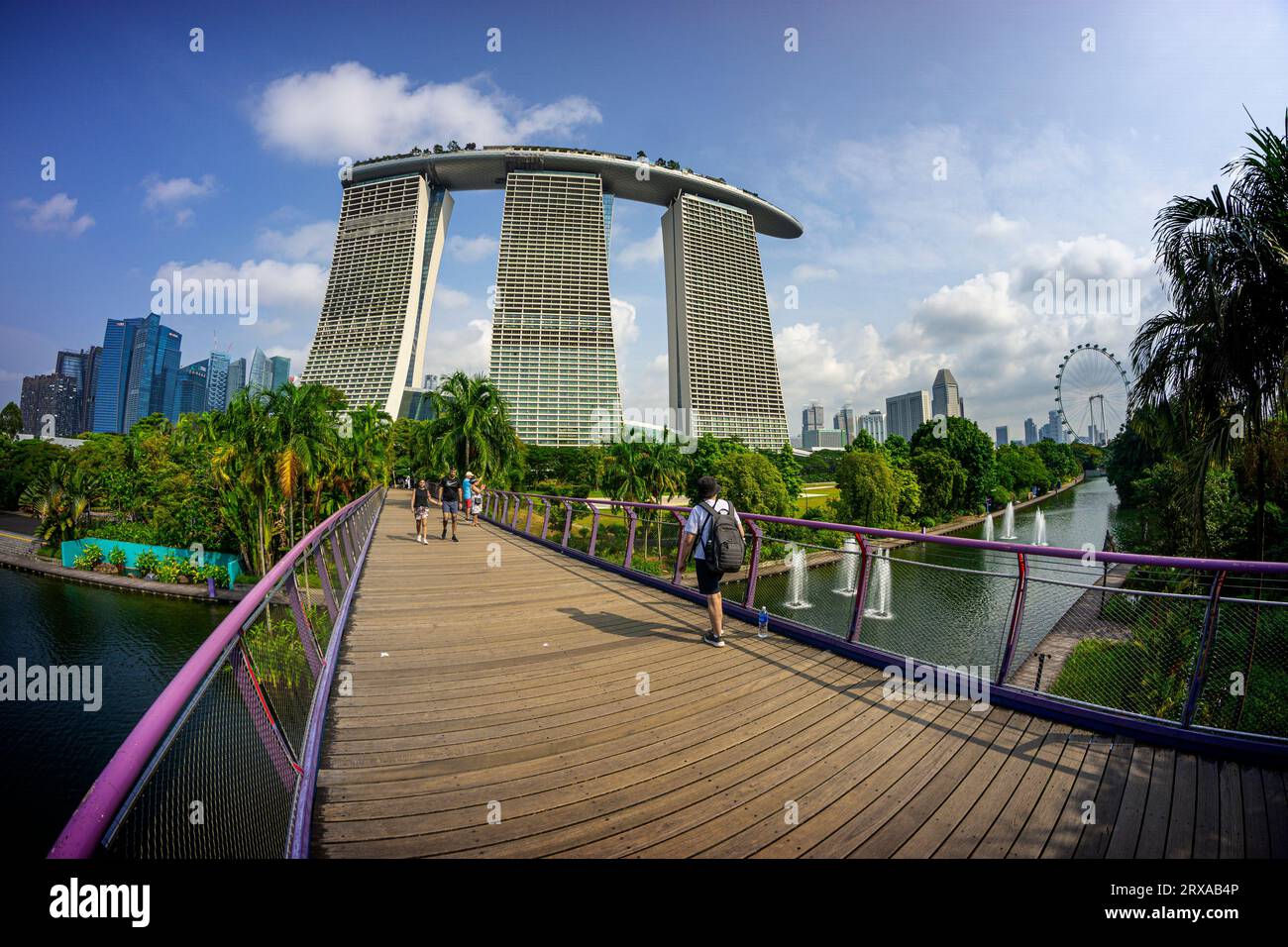 Pedestrian access bridge at Gardens by the Bay with iconic Marina Bay