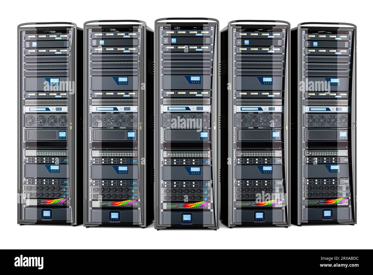 Computer Server Racks, front view. 3D rendering isolated on white ...