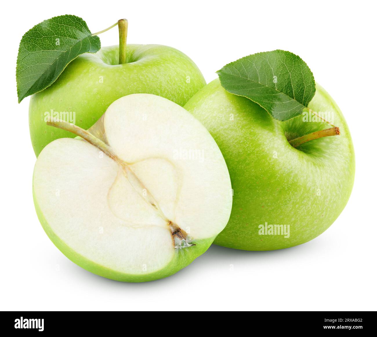 Group of ripe green apple fruits with apple half without seeds and green leaf isolated on white background with clipping path. Full depth of field. Stock Photo