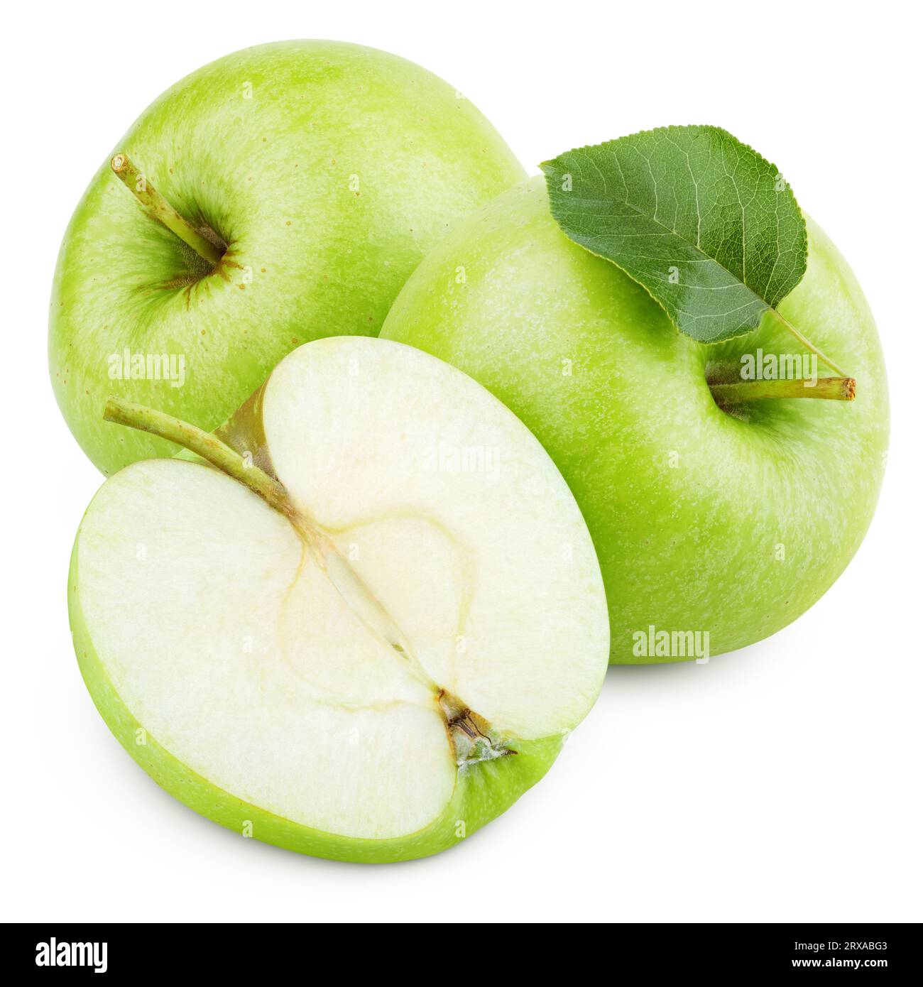 Group of ripe green apple fruits with apple half without seeds and green leaf isolated on white background with clipping path. Full depth of field. Stock Photo