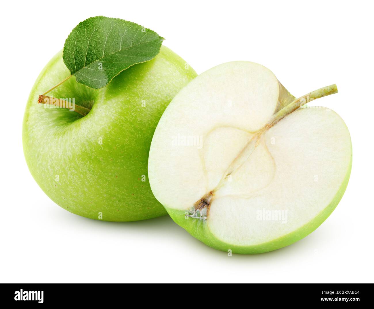 Ripe green apple fruit with leaf and apple half without seeds isolated on white background. Apple fruits with clipping path Stock Photo