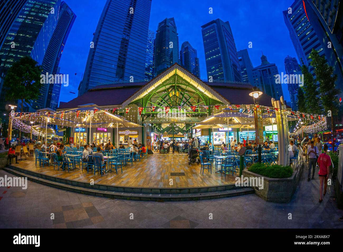 Exterior of Lau Pa Sat Hawker Centre in early evening. Singapore Stock Photo